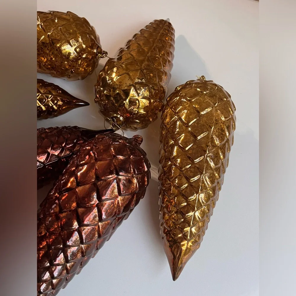 ▪️6 VINTAGE LARGE BLOWN BRONCE AMBER GLASS ORNAMENT PINE CONE